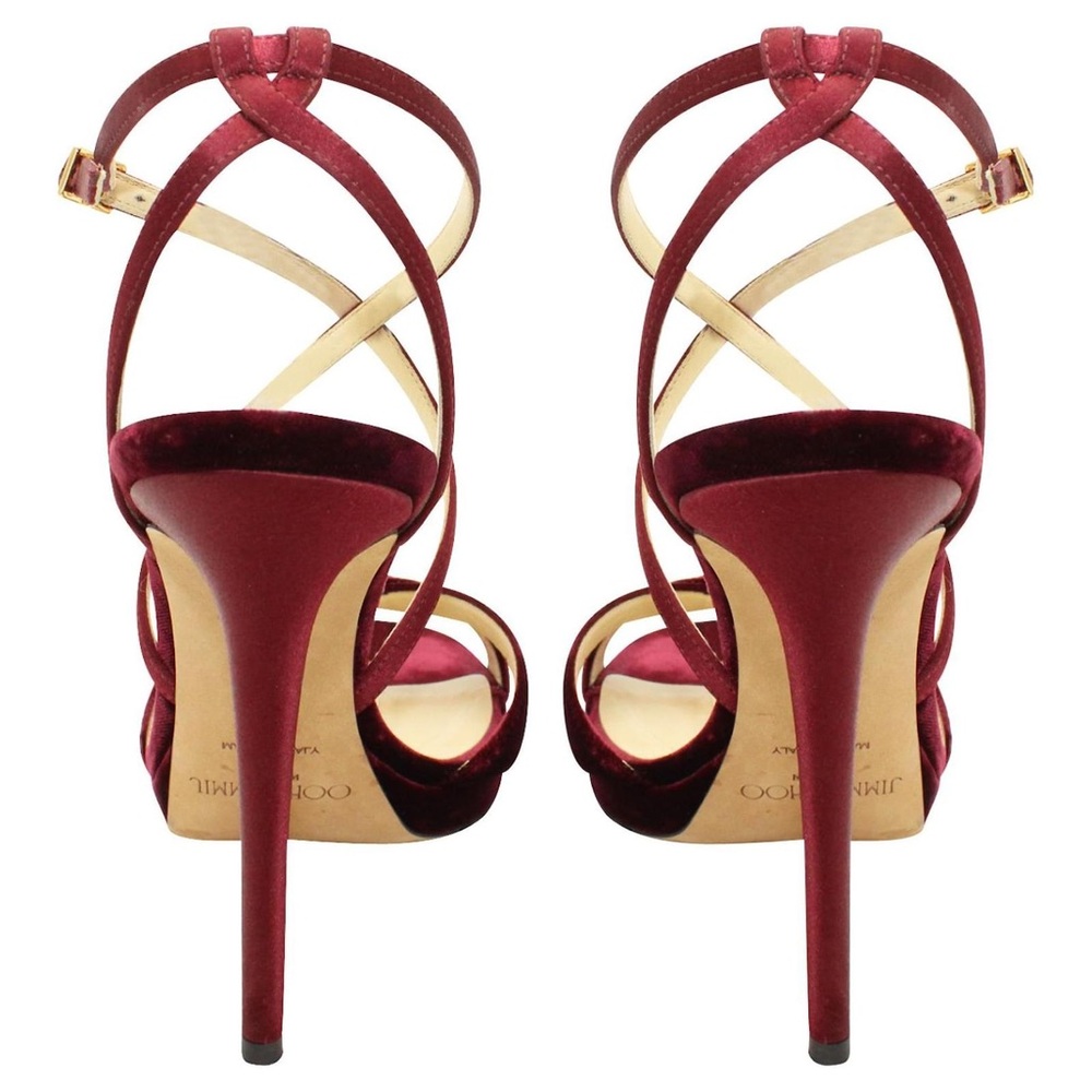 Jimmy Choo Burgundy Velvet And Satin Lola Cross Strap Sandals Size 39 - Picture 4 of 16